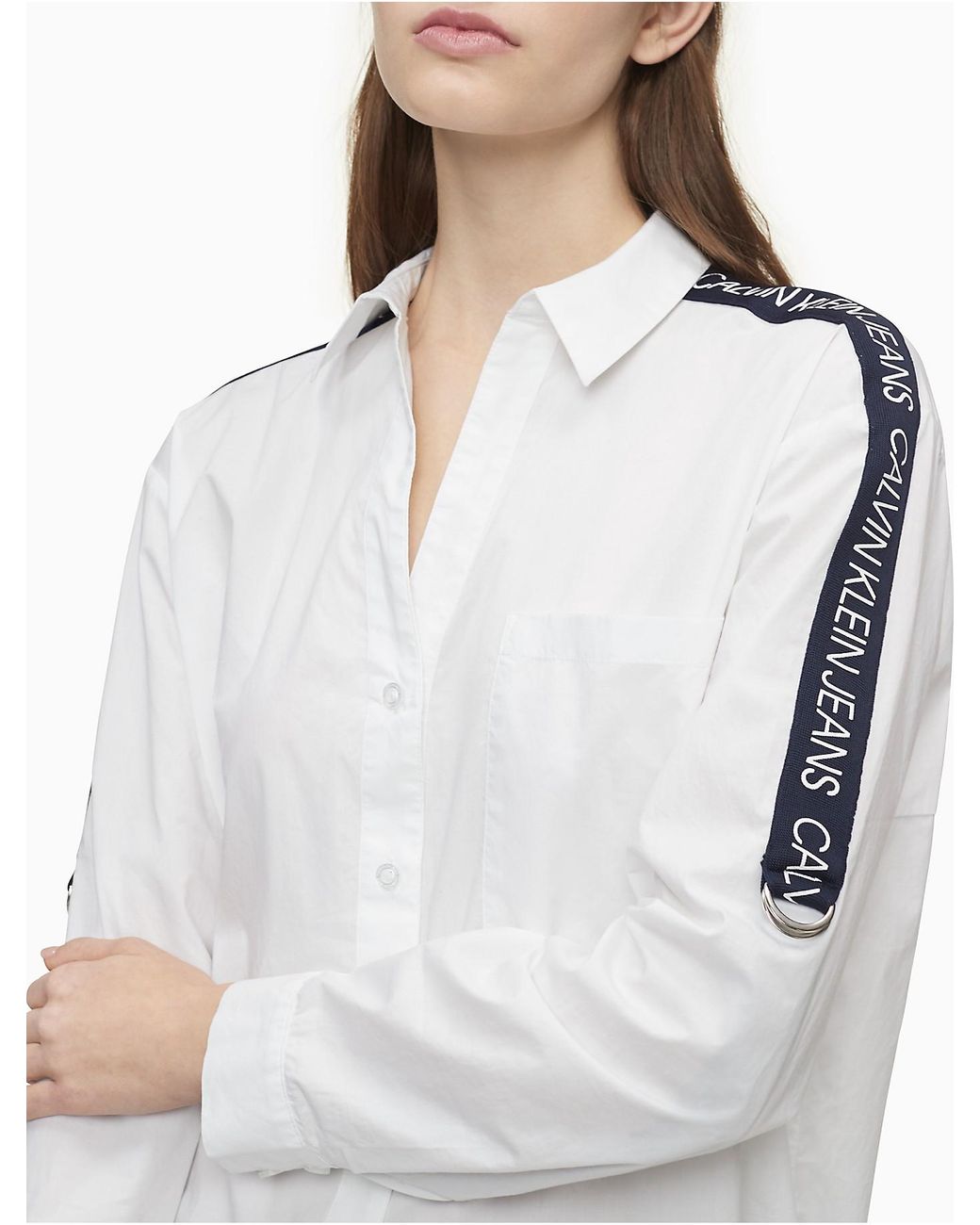 Calvin Klein Oversized Logo Tape Button-down Shirt in White | Lyst