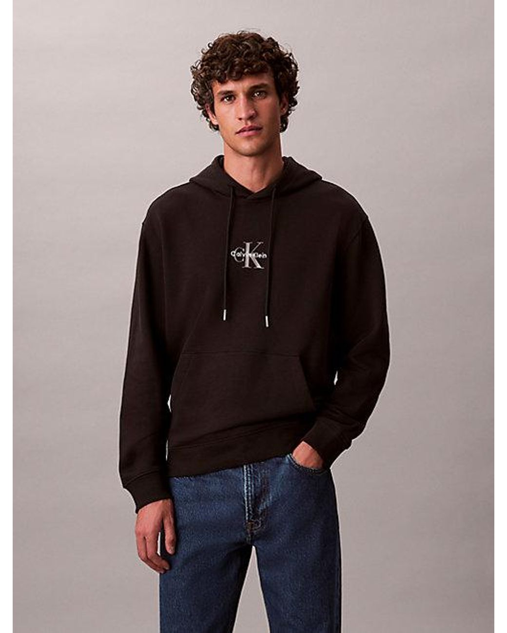 Calvin Klein Blue Jeans Cotton Terry Monogram Hoodie for men