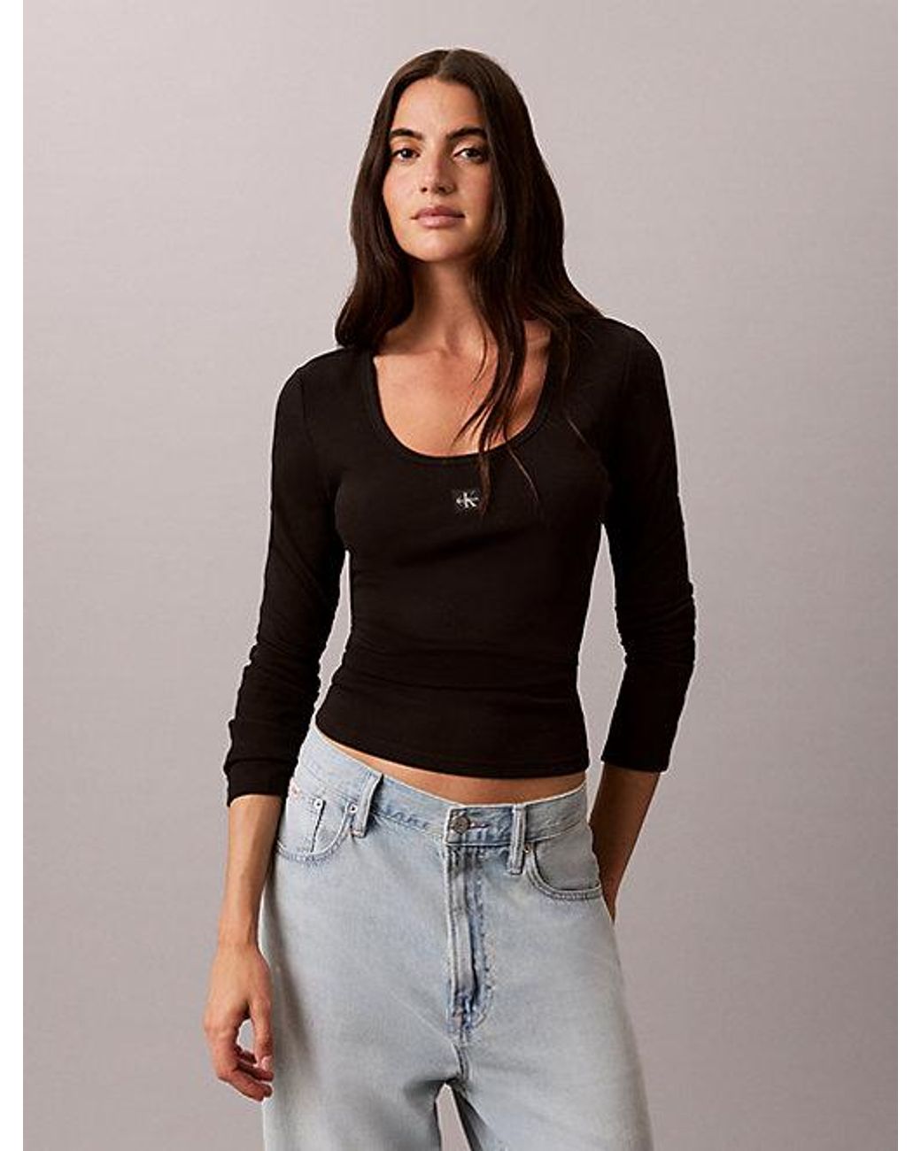 Calvin Klein Black Jeans Ribbed Cotton Long Sleeve Top
