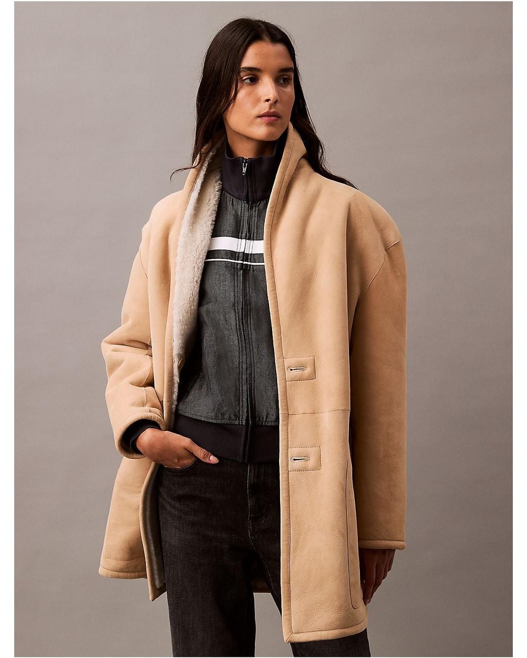 Calvin Klein Natural Reversible Shearling Coat