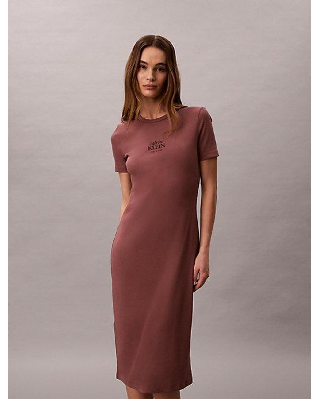 Calvin Klein Red Jeans Ribbed Cotton Logo Midi Dress