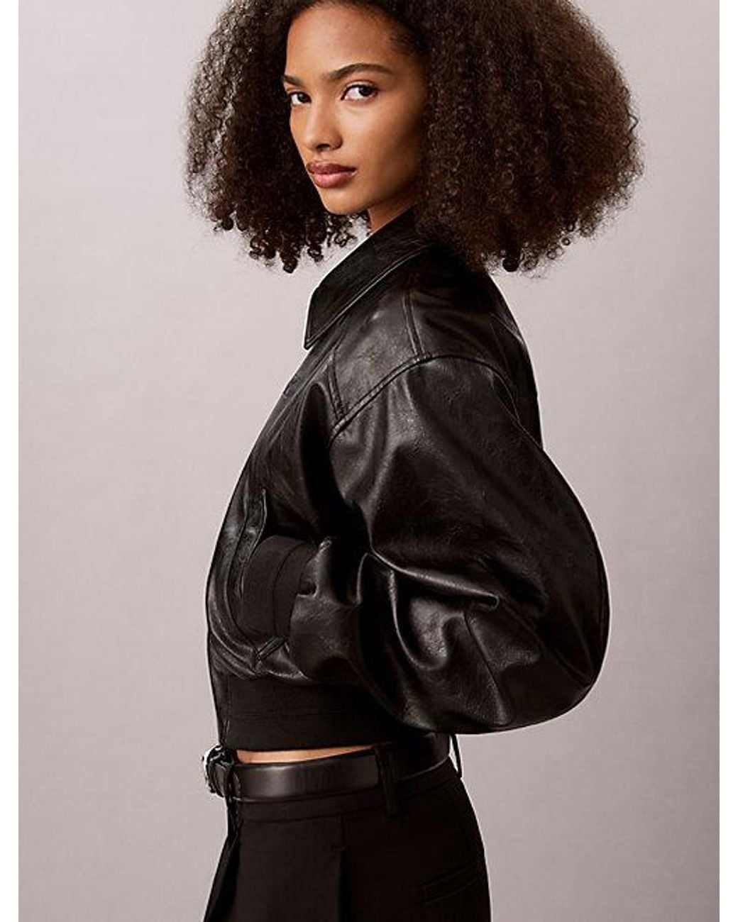 Calvin Klein Black Jeans Cropped Faux Leather Bomber Jacket
