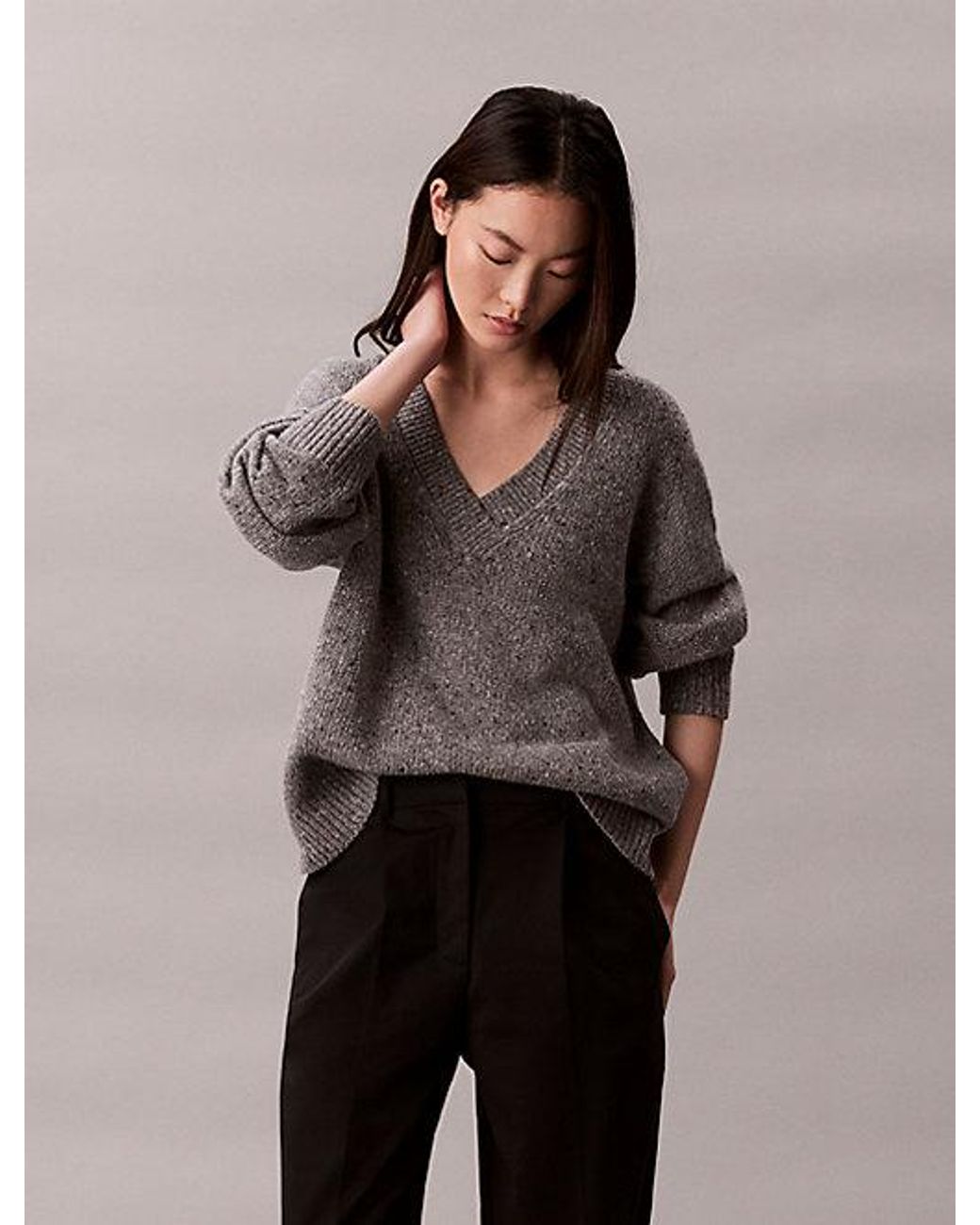 Calvin Klein Gray Jeans Chunky Relaxed V Neck Jumper