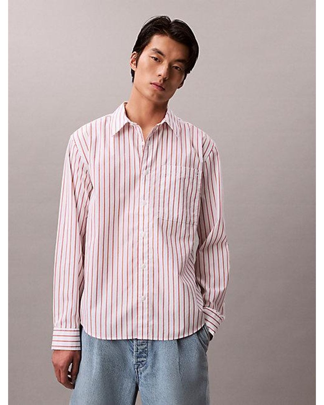 Calvin Klein Pink Cotton Poplin Striped Shirt for men