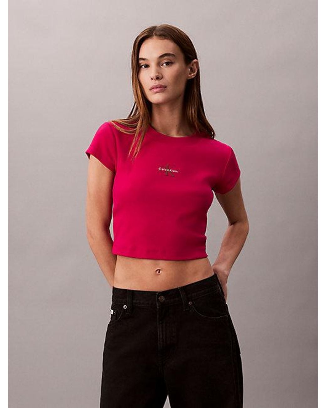 Calvin Klein Red Jeans Slim Ribbed Cotton Logo T-Shirt