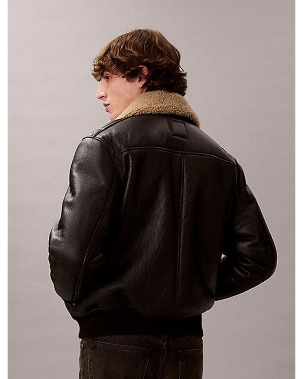 Calvin Klein Black Shearling Leather Flight Jacket for men