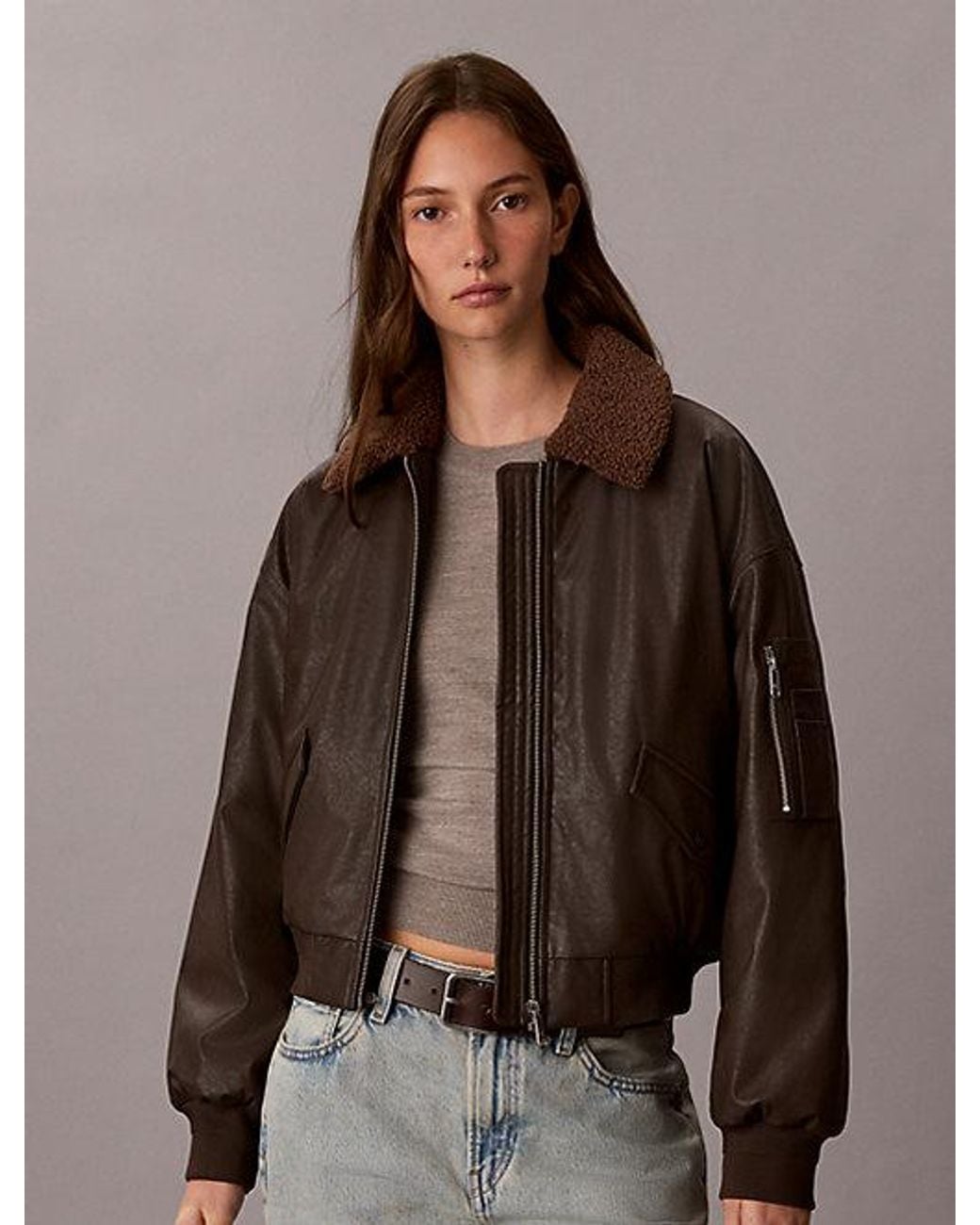 Calvin Klein Brown Jeans Faux Leather Padded Bomber Jacket