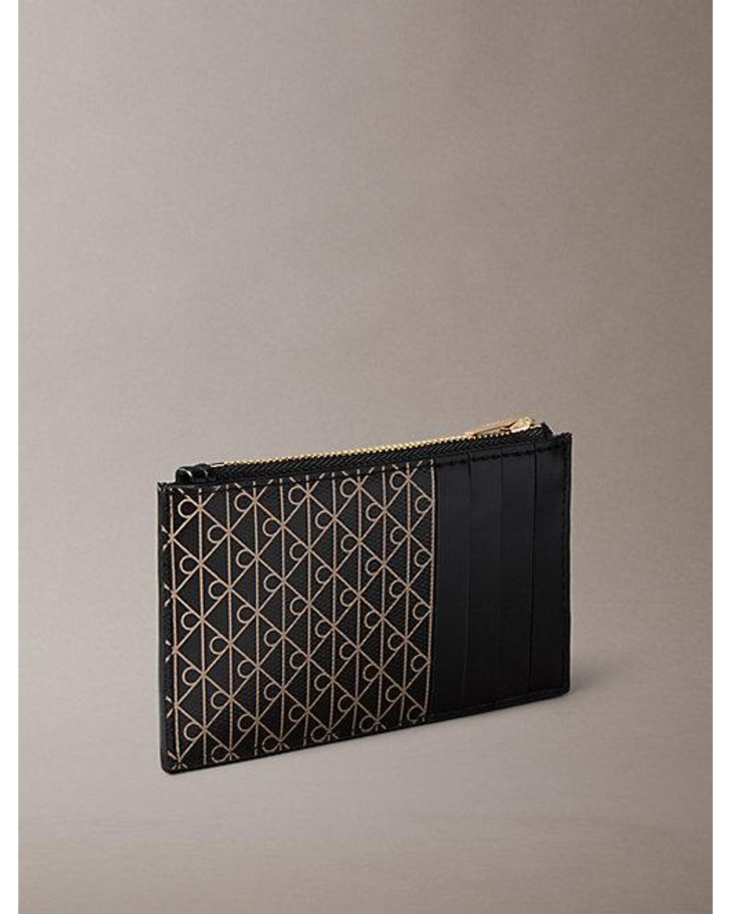 Calvin Klein Gray Monogram Logo Top Zip Card Holder