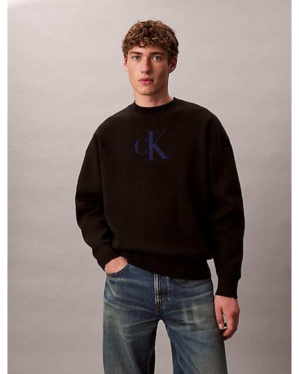 Calvin Klein Black Jeans Cotton Blend Monogram Logo Relaxed Jumper for men