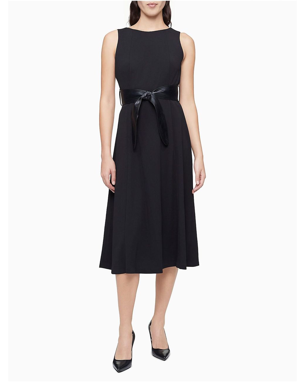 Calvin Klein Solid Belted A-line Midi Dress in Black | Lyst