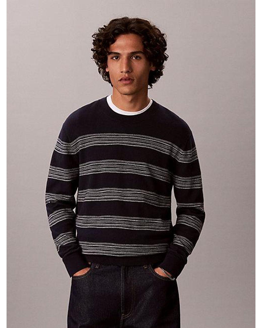 Calvin Klein Black Cotton Irregular Stripe Jumper for men
