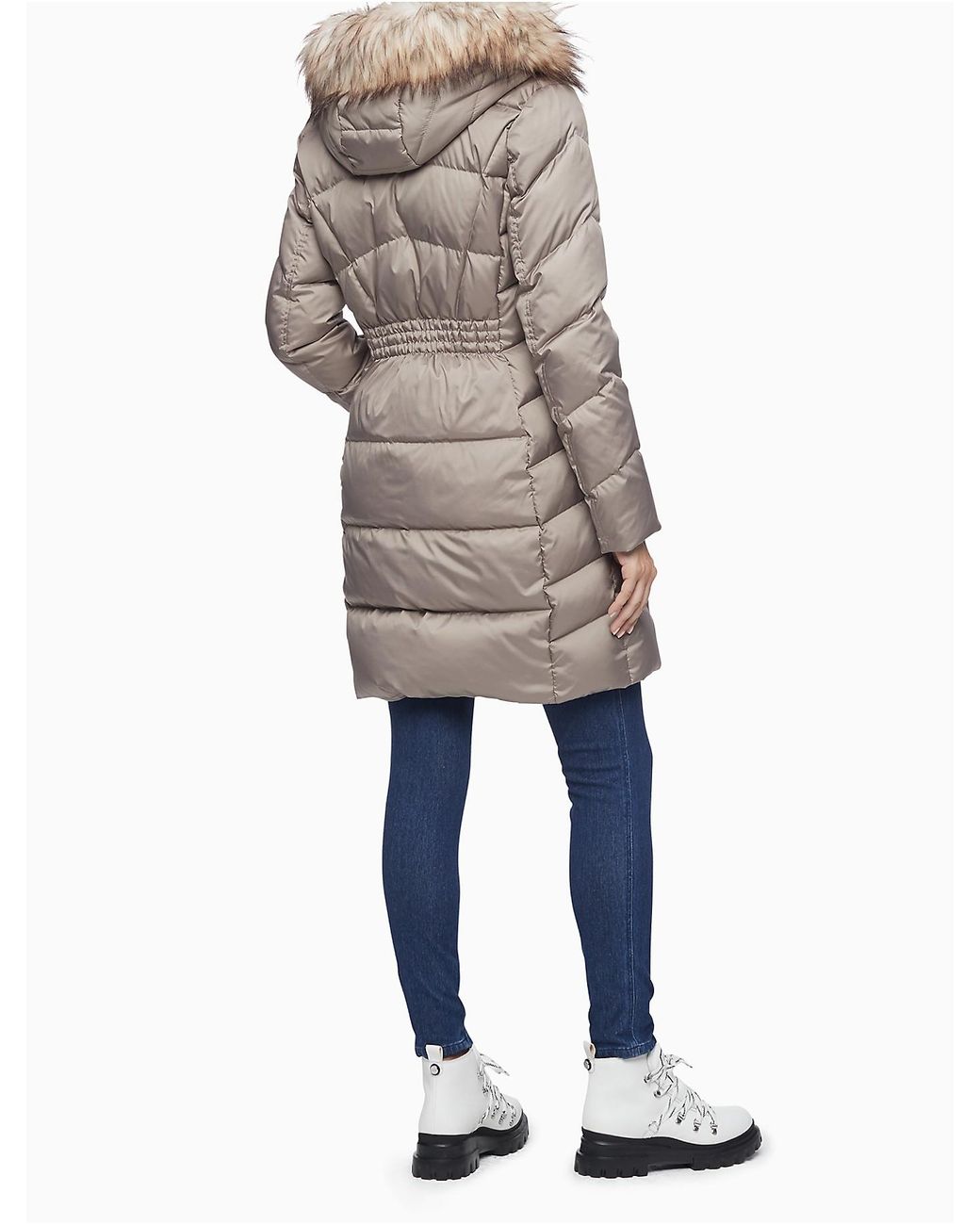 Calvin Klein Faux Fur Hood Down Blend Longline Puffer Coat