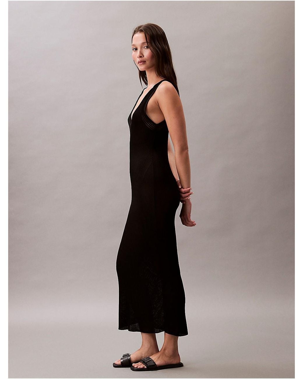 Calvin Klein Knit Rib Sleeveless Dress in Black | Lyst