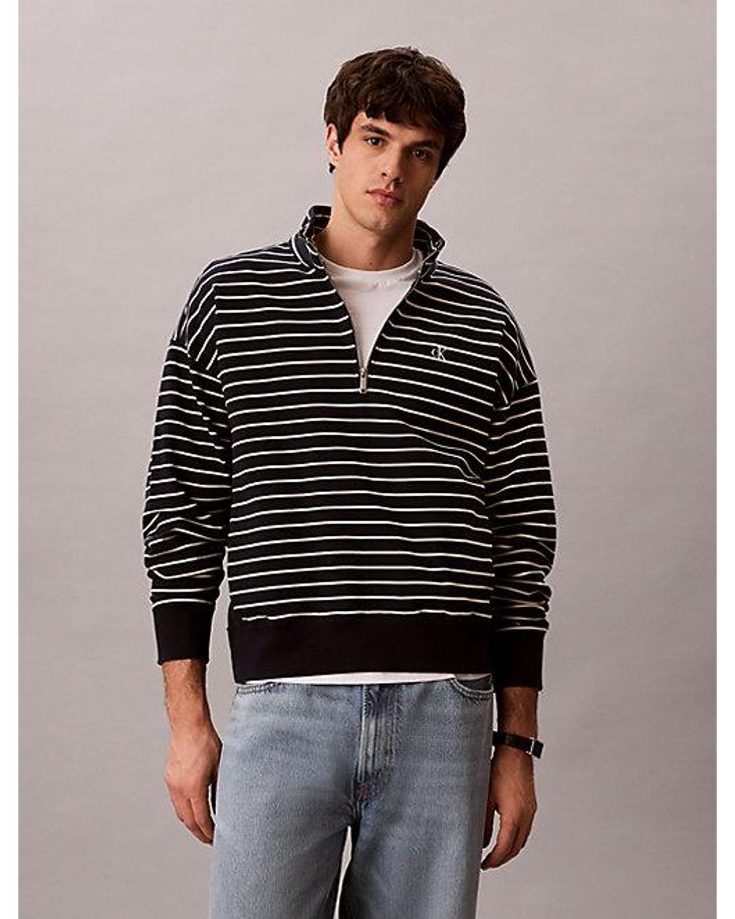 Calvin Klein Black Relaxed Stripe Quarter Zip Sweatshirt for men