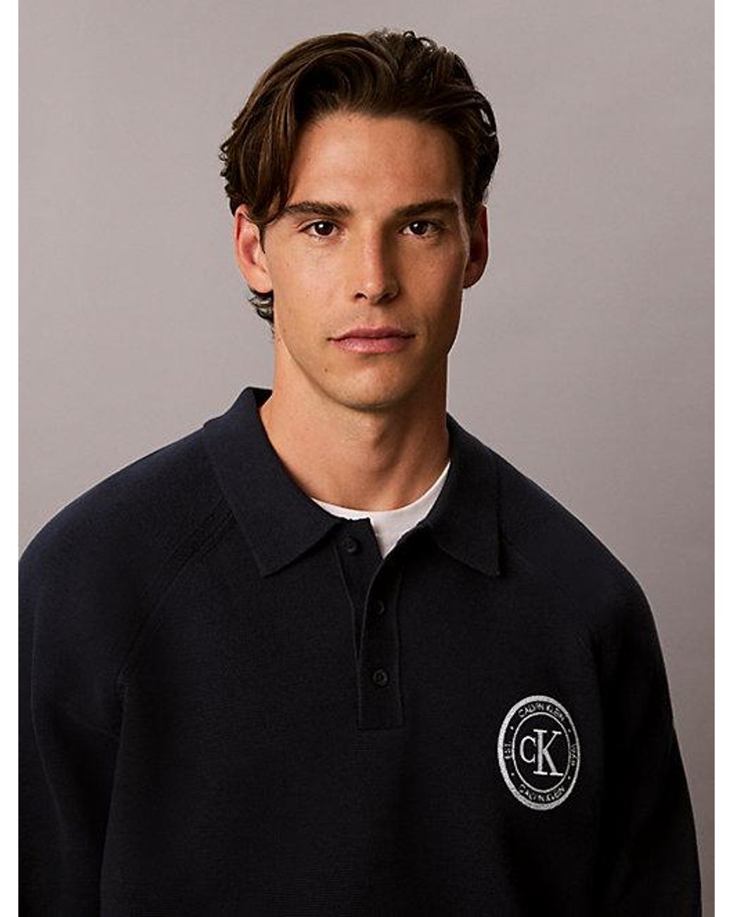 Calvin Klein Black Jeans Cotton Knit Varsity Polo Jumper for men