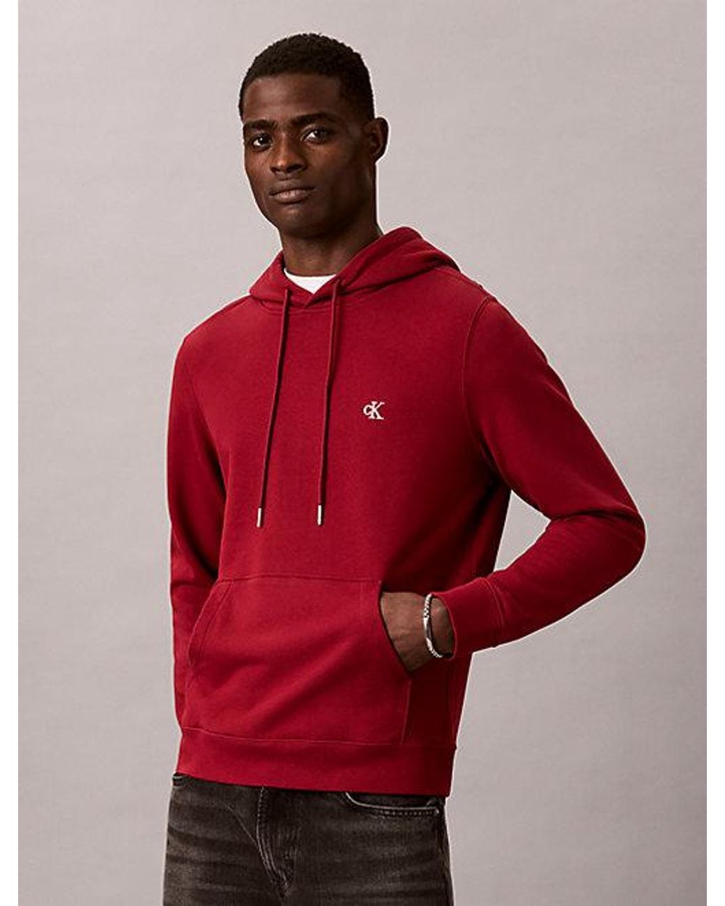 Calvin Klein Red Jeans Cotton Terry Monogram Hoodie for men