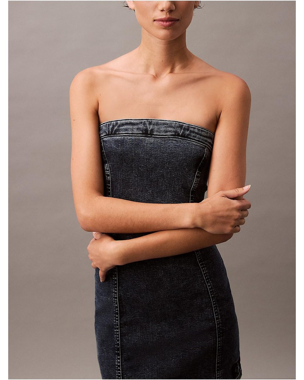 Calvin Klein Calvin Klein Strapless Denim Mini Dress in Gray | Lyst