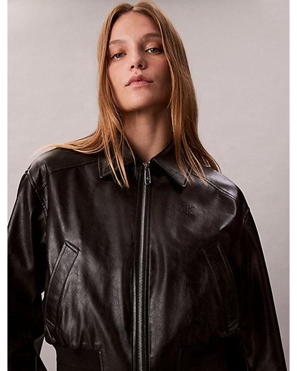 Calvin Klein Black Jeans Cropped Faux Leather Bomber Jacket