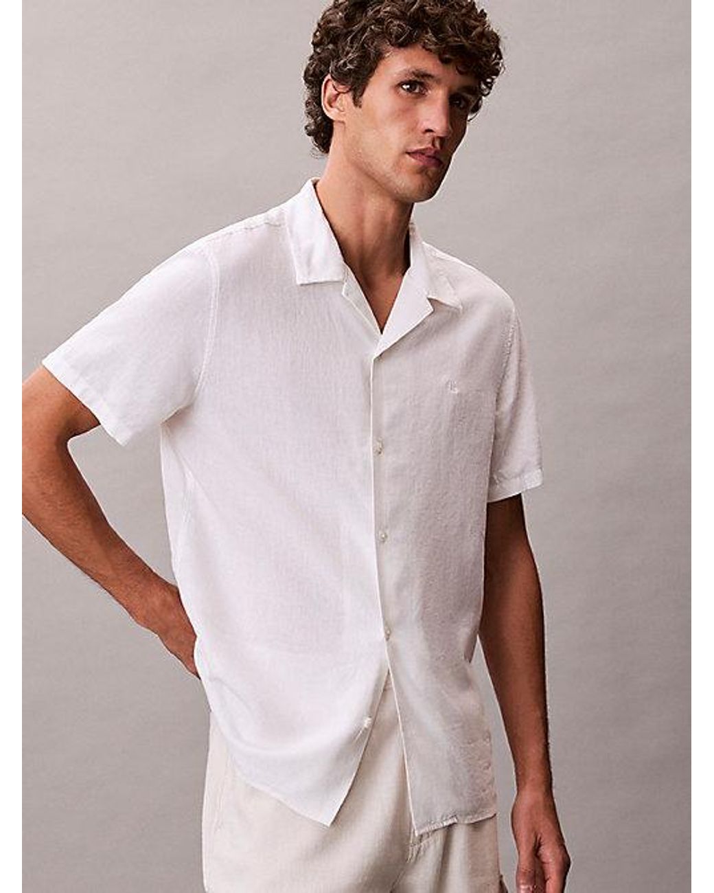 Calvin Klein White Linen Blend Classic Button Down Shirt for men