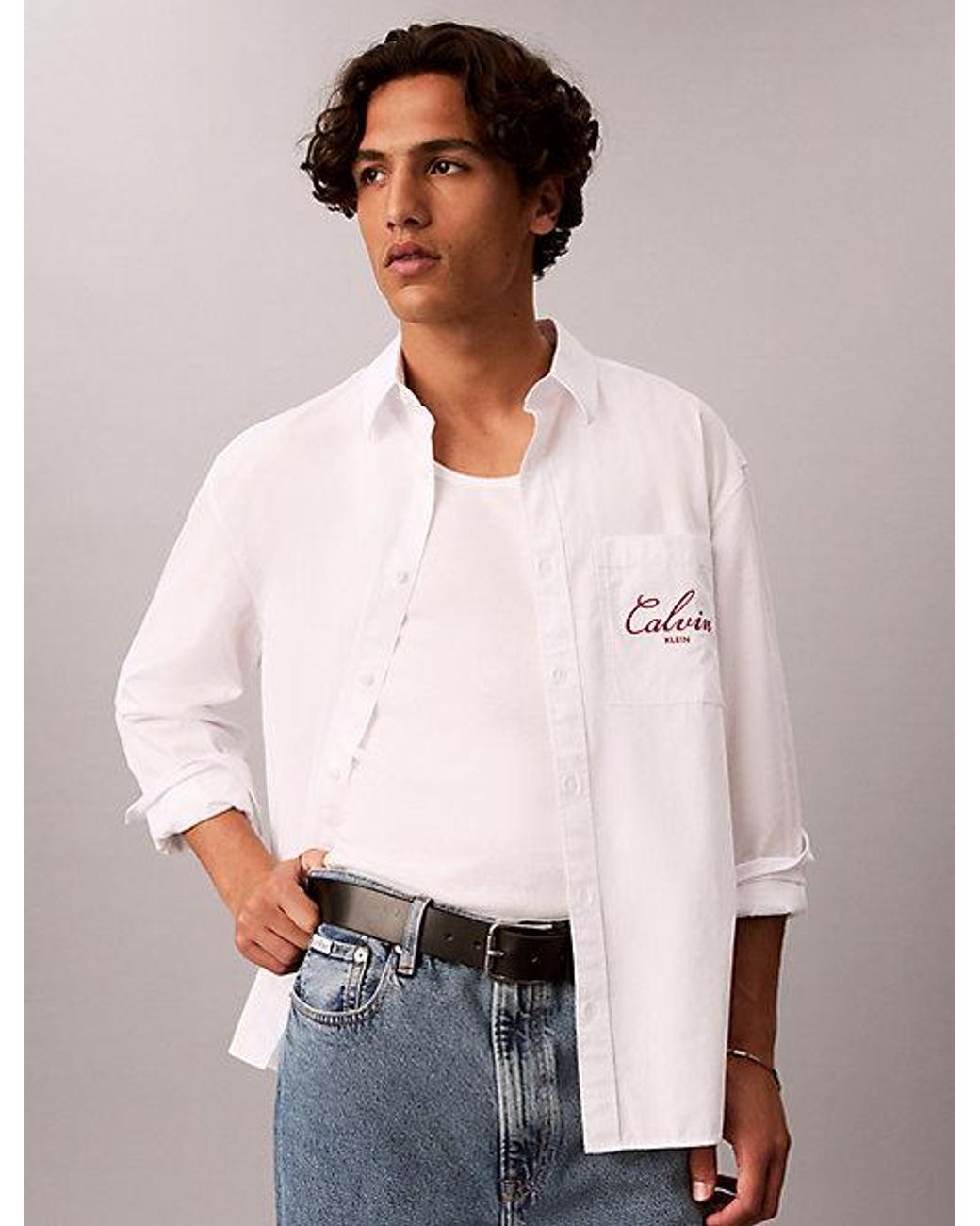 Calvin Klein Blue Jeans Relaxed Graphic Logo Button Down Shirt for men