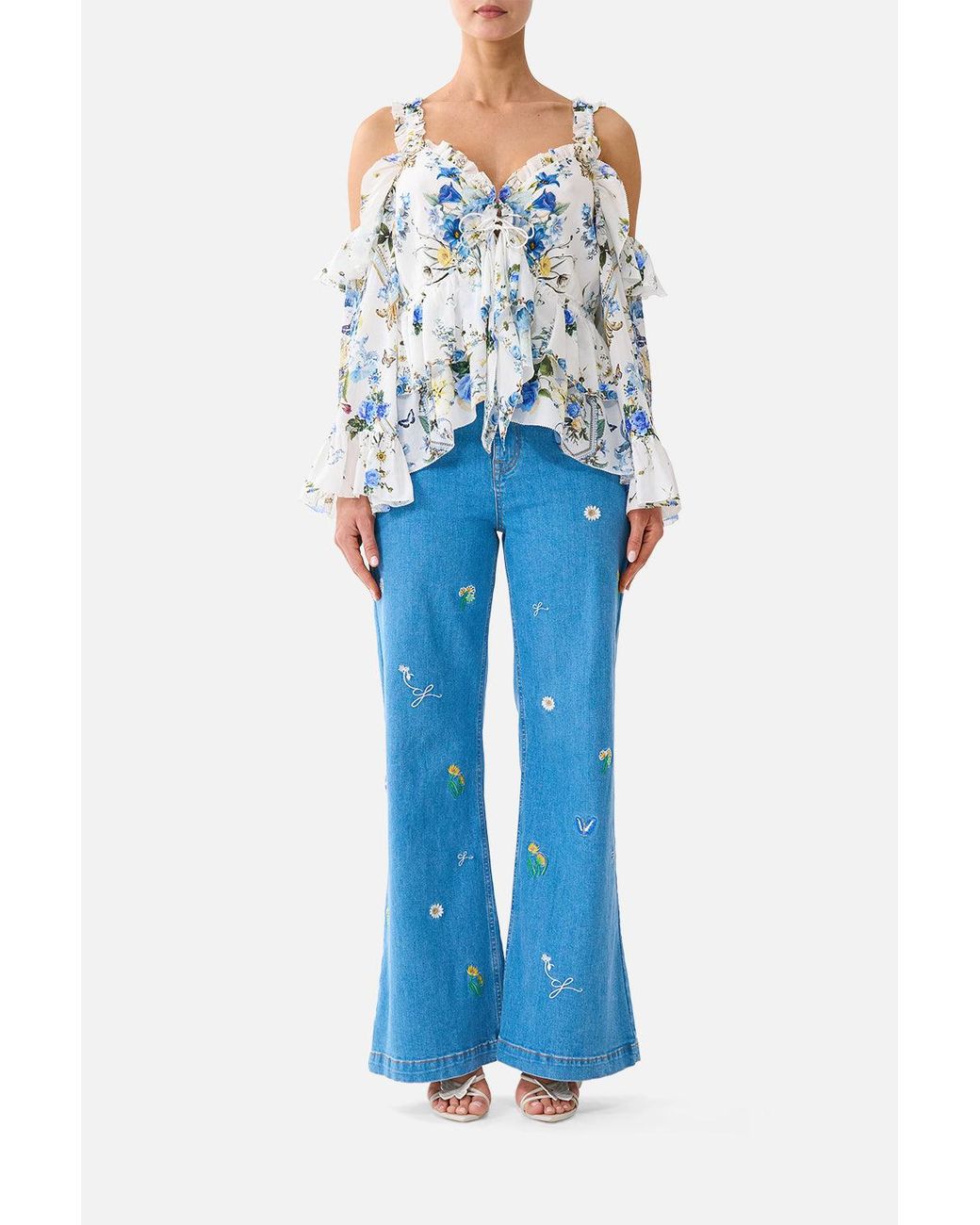 Camilla Blue Cold Shoulder Ruffle Top Dandelion Skies