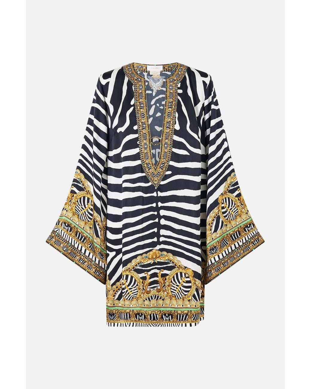 Camilla Black Deep V Neck Hardware Short Kaftan Zig Zag Zoo