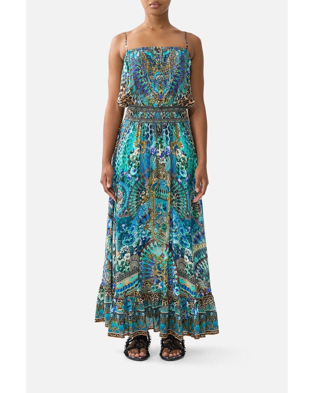 Camilla Green Shirred Waist Long Dress Flamenco Euphoria