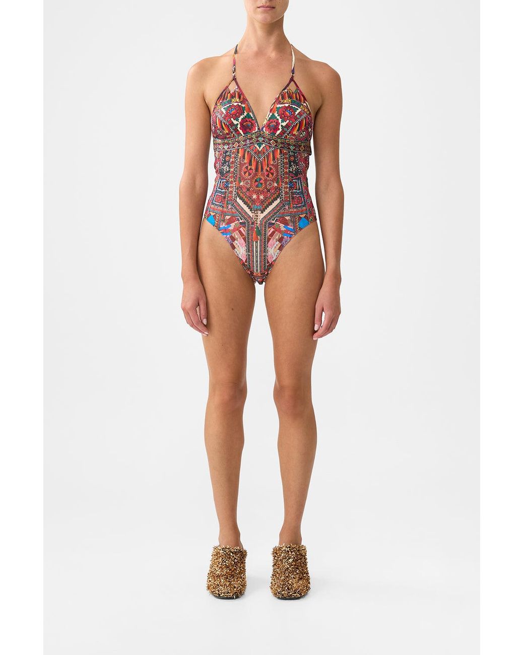 Camilla Red Chain Detail Tri Bodysuit With Mesh Inserts Patchwork Alchemy
