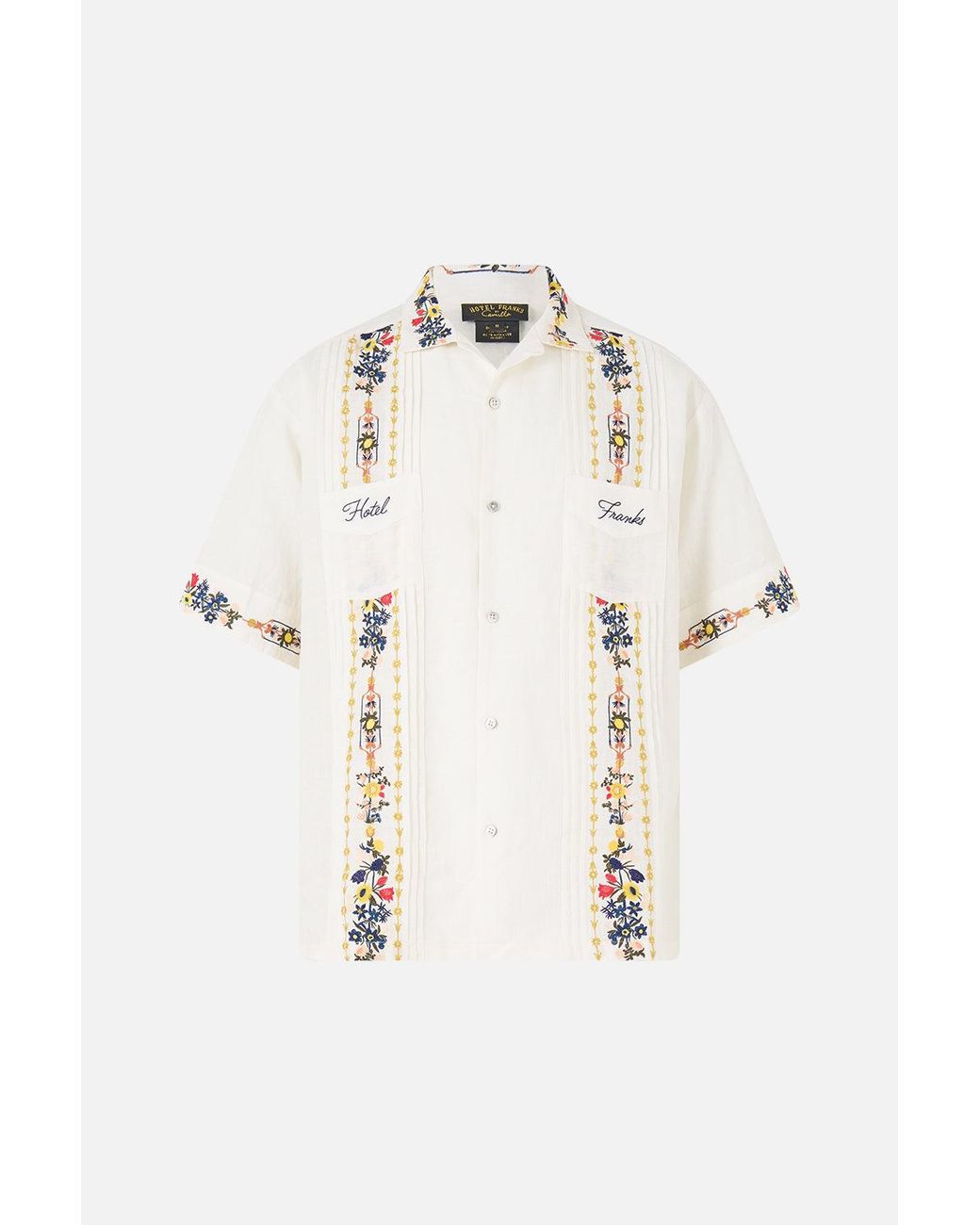 Camilla Natural Embroidered Short Sleeve Pleated Cuban Shirt The Pottery Parlour for men