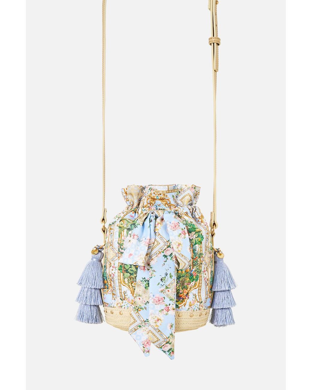 Camilla White Tie Top Bucket Bag With Tassels Sisi Society