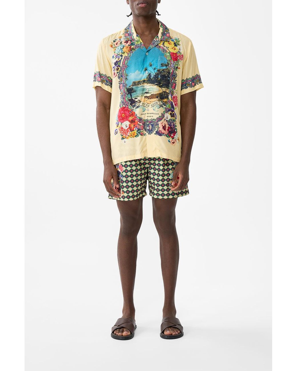 Camilla Yellow Short Sleeve Camp Collared Shirt Bathing Bombshell for men