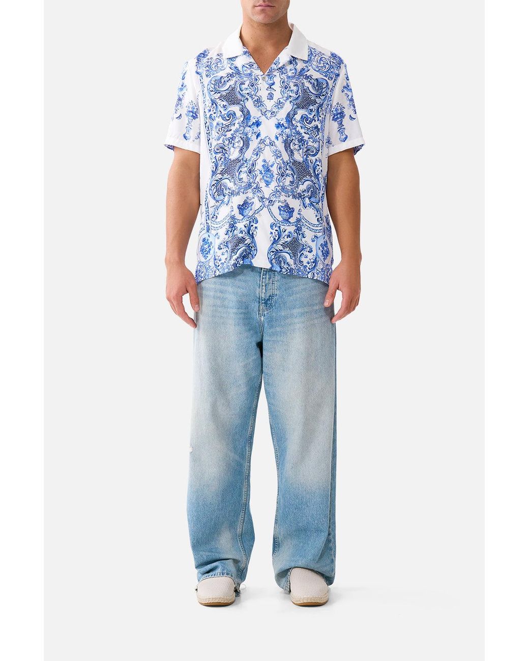 Camilla Blue Short Sleeve Camp Collared Shirt Ceramic Panoramic for men