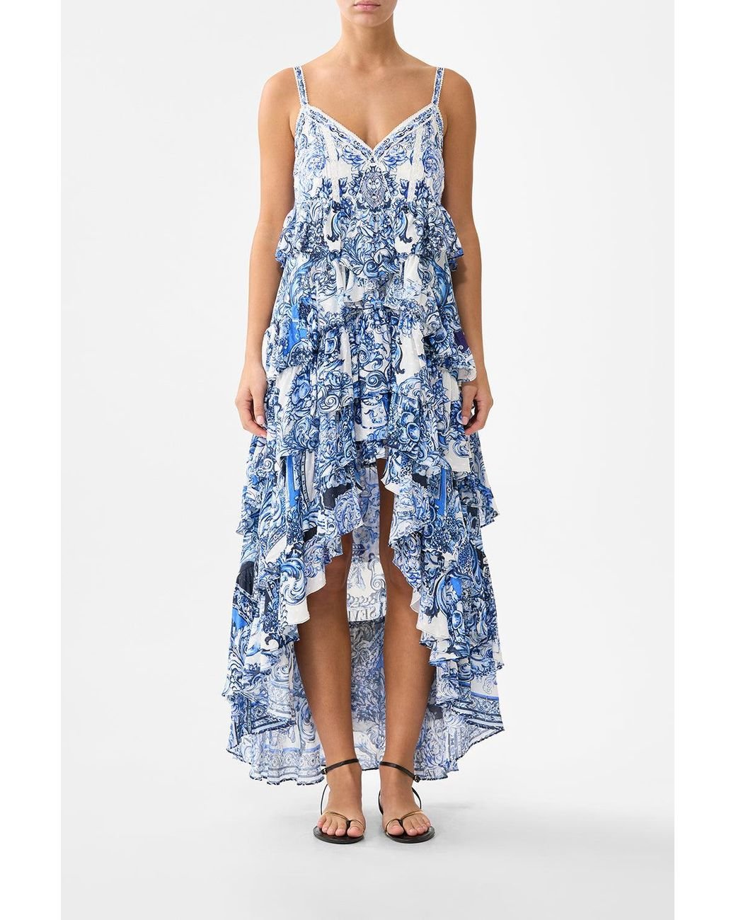 Camilla Blue V Neck Ruffle High Low Dress A Tiled Wonderland