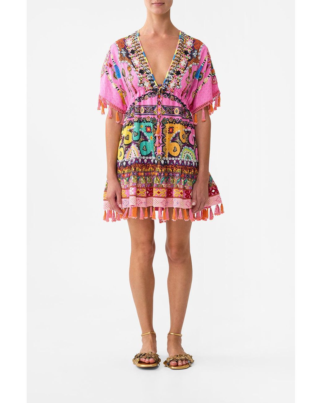 Camilla Short V Neck Embroidered Dress Patchwork Panorama