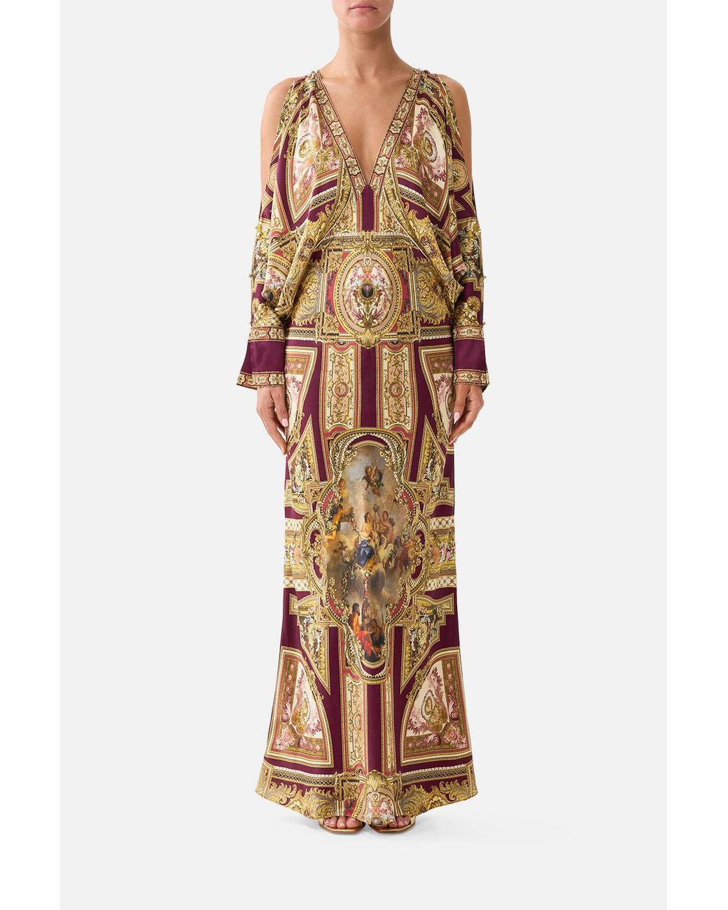 Camilla Multicolor Plunge Neck Draped Shoulder Dress Queen Of Bohemia
