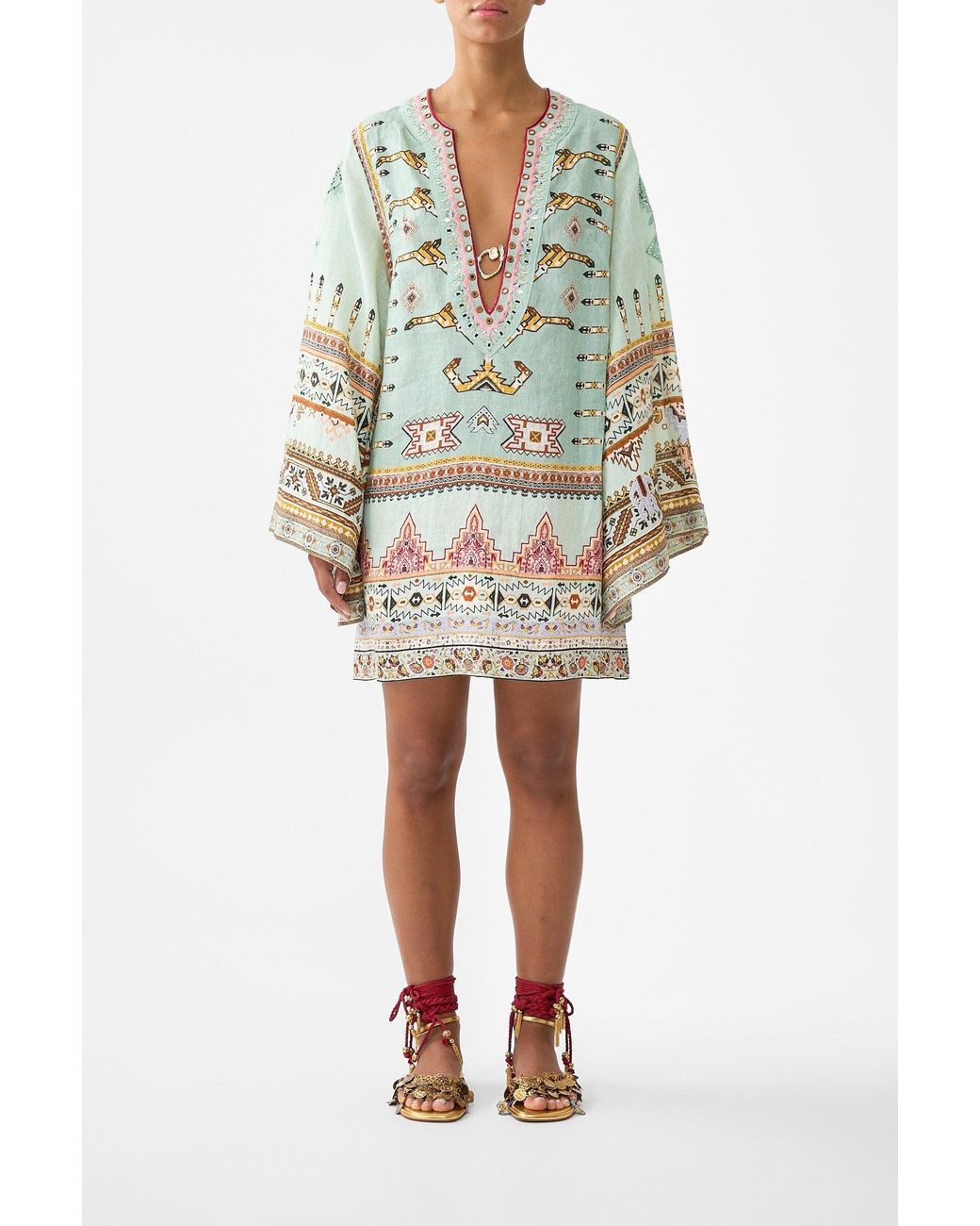 Camilla Multicolor Deep V-Neck Hardware Short Kaftan Legend Has It