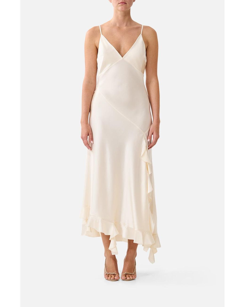 Camilla White Bias Slip Dress With Frill Hem Silk Essentials