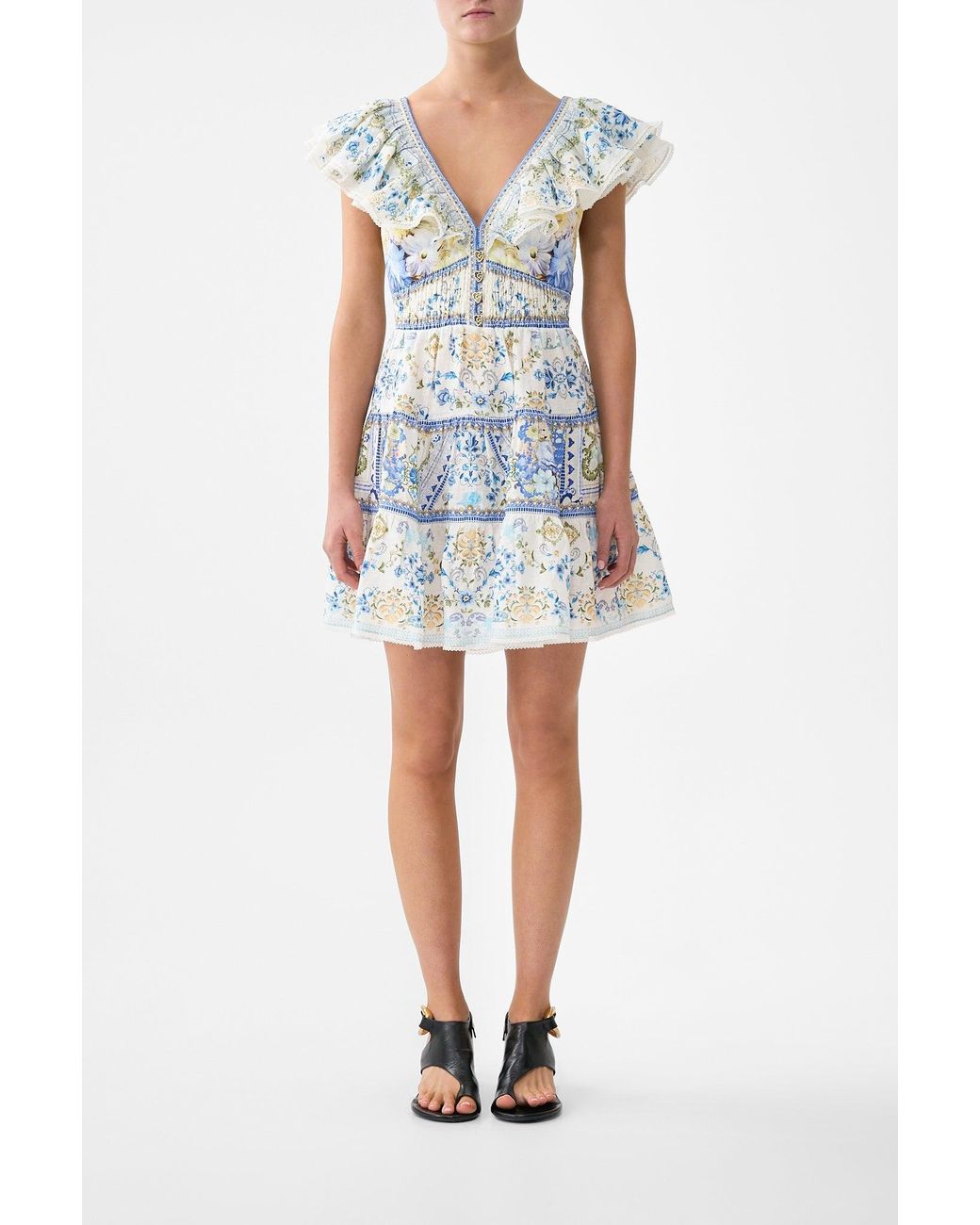 Camilla Blue Tiered Short Dress With Neck Frill My Homespun Heart
