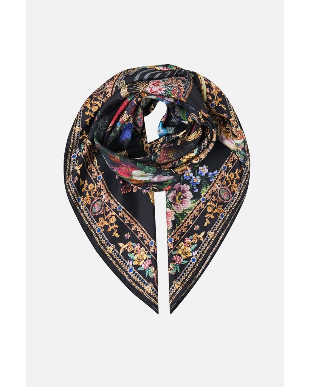 Camilla Black Printed Silk Twill Square Scarf Night Garden