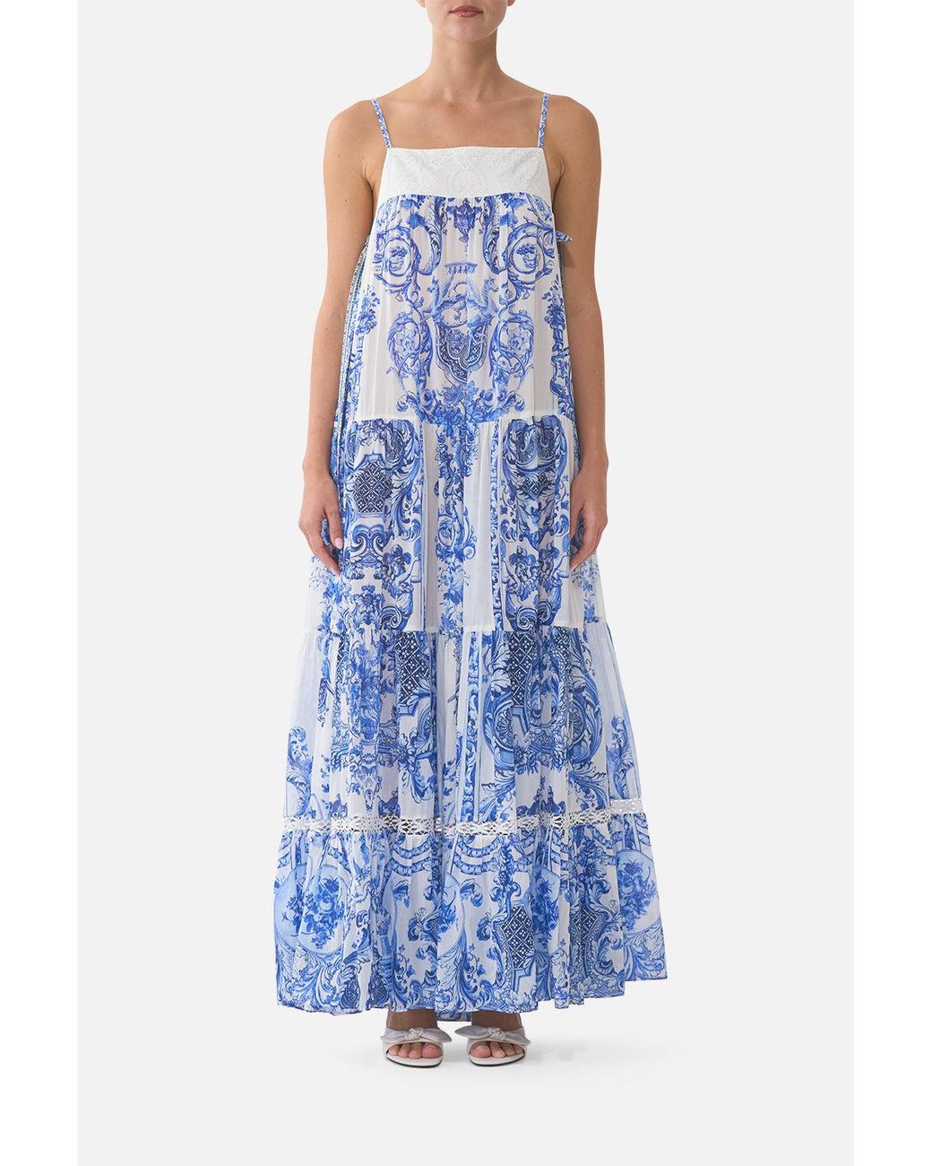 Camilla Blue Long Tiered Dress With Bow Ties Ceramic Panoramic