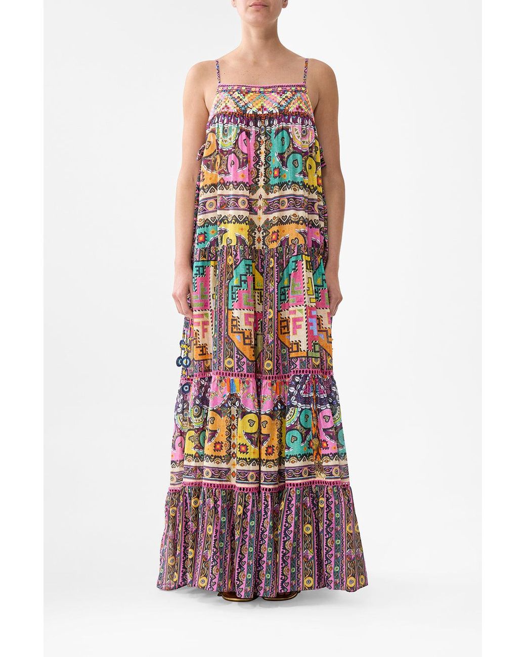 Camilla White Long Tiered Dress With Bow Ties Patchwork Panorama
