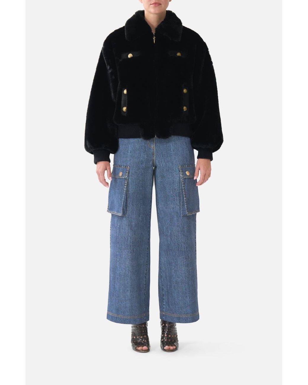 Camilla Black Faux Fur Bomber With Pocket Details Fiesta, Siesta, Repeat