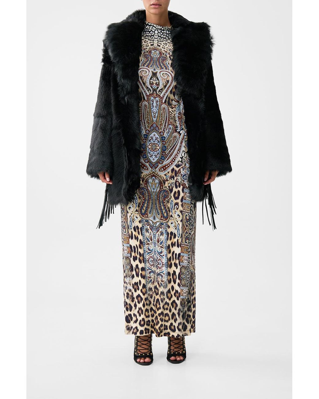 Camilla Black Shearling Coat With Removable Fringing Istanbul Animalia
