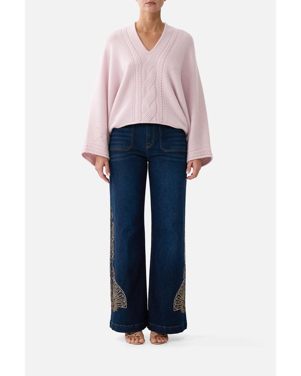 Camilla Blue Cashmere Knit Relaxed V-Neck Sweater Chamber Of Blooms