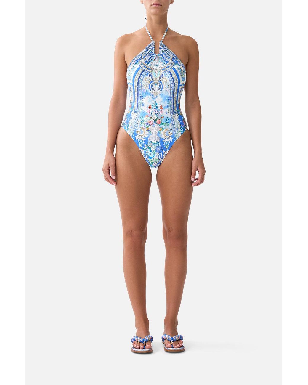 Camilla Blue Diamond Neck Halter One Piece With U Ring Front Ottoman Opulence