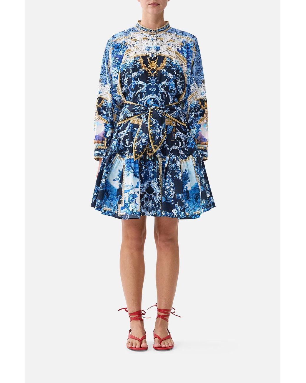 Camilla Blue Short Tiered Shirtdress With Wide Waist Tie Sweet Sacré Bleu