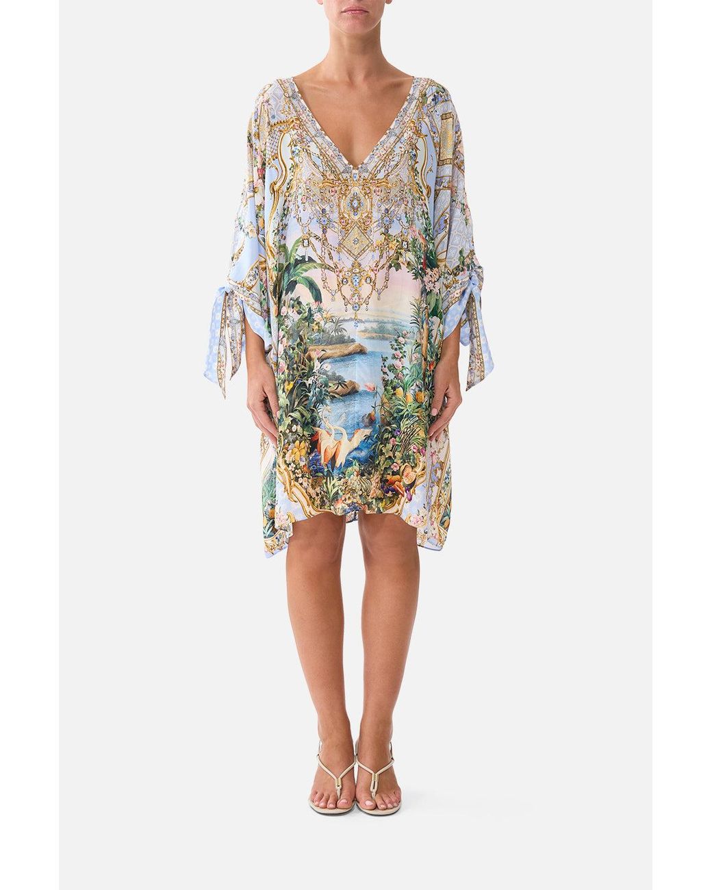 Camilla Blue Tie Sleeve Short V Neck Kaftan Sisi Society