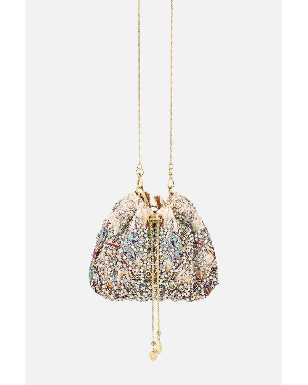 Camilla White Drawstring Pouch Bag With Chain Strap A Meeting Of Masterpieces