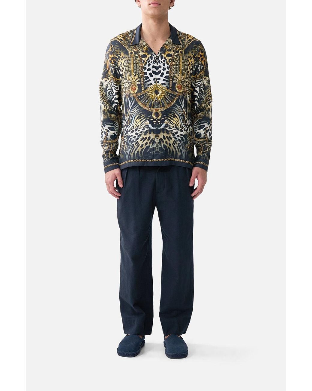 Camilla Blue Long Sleeve Camp Collared Shirt Feline Folklore for men