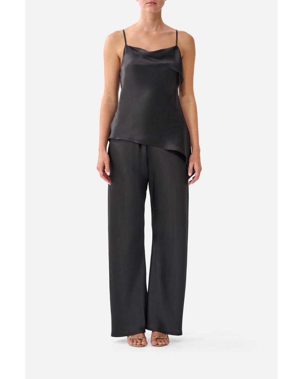 Camilla Black Asymmetric Draped Top Silk Essentials
